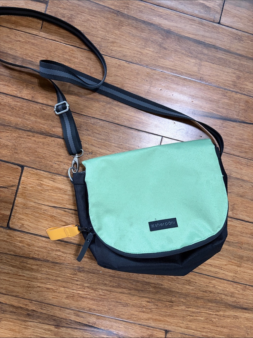 Sherpani Messenger Bag in Mint and Black with Yellow Accent
